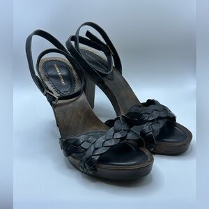 Banana Republic Black Leather Braided Wood Sole Sandle Heels angle wrap strap